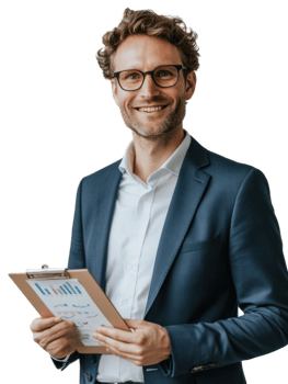 Smiling Businessman in Blue Suit Holding Clipboard with Charts and Graphs png