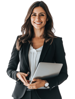 Smiling Businesswoman Holds Laptop in Black Blazer and White Blouse png