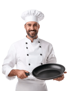 Chef In White Uniform Holding Frying Pan Against Transparent Background png