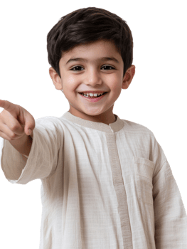 Smiling Child Pointing Forward Wearing Beige Embroidered Outfit against Transparent Backdrop png