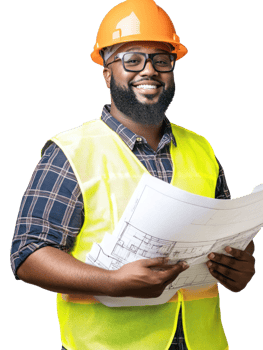 Smiling Construction Worker Holding Blueprints In Safety Vest And Orange Helmet On Transparent Background png