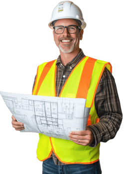 Smiling Construction Worker Holding Blueprints Wearing Safety Vest and Helmet png