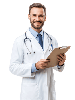 Smiling Doctor in White Coat Holding Clipboard with Pen Isolated on Transparent Background png