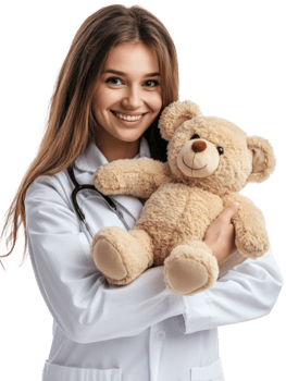 Smiling Female Doctor In White Coat Holding Teddy Bear With Stethoscope png