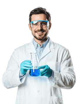 Smiling Male Scientist Wearing Protective Eyewear Holding Blue Liquid In Transparent Conical Flask png