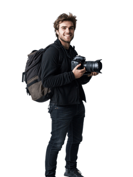 Smiling Man with Camera Backpack Posing Isolated on Transparent Background png