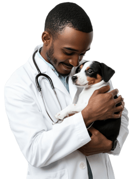 Smiling Veterinarian Embraces Small Puppy In White Coat With Stethoscope Isolated On Transparent Background png