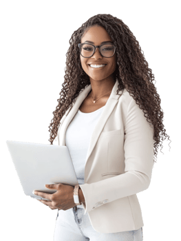 Smiling Woman In Formal Wear Holding Laptop Portrait With Transparent Background png