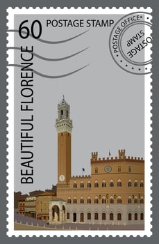 Postage stamp with medieval architecture of Italy. . vector