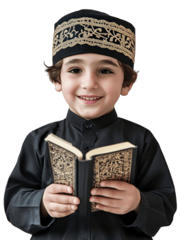 Smiling Young Boy Holding Open Book in Traditional Black and Gold Attire with Transparent Background png