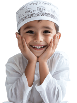 Smiling Young Boy Wearing White Religious Cap and Outfit in Studio Portrait png