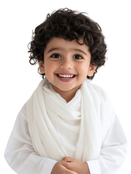 Smiling Young Child Portrait with White Clothing and Scarf on Transparent Background png