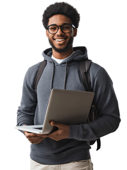 Smiling Young Man Holding Laptop with Backpack and Glasses on Transparent Background png