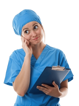 Thoughtful Medical Professional In Blue Scrubs Holding Clipboard with Uncertain Expression on Transparent Background png