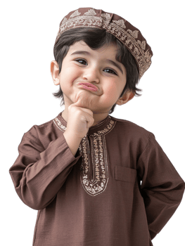 Young Boy in Traditional Brown Attire Poses Thoughtfully with Hand on Chin and a Curious Expression png