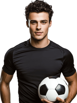 Young Man In Black Shirt Holding Soccer Ball On Transparent Background png
