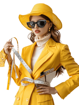 Young Woman In Yellow Suit And Straw Hat Holding Measuring Tape With Sunglasses png