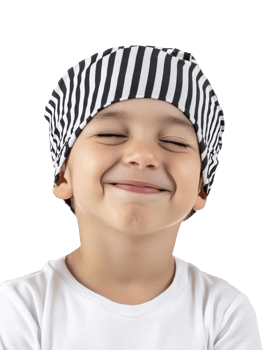 A young boy wearing a black and white striped hat png