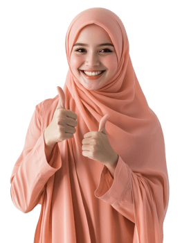 Cheerful Young Woman in Peach Hijab Gives Double Thumbs Up in Studio png