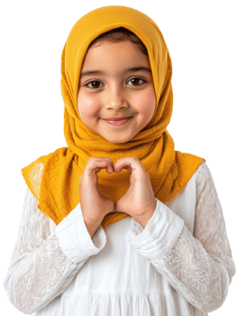 Smiling Girl in Yellow Hijab Making Heart Shape with Hands on Transparent Background png