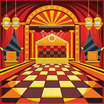 an illustration of a circus stage with red curtains and a checkered floor vector