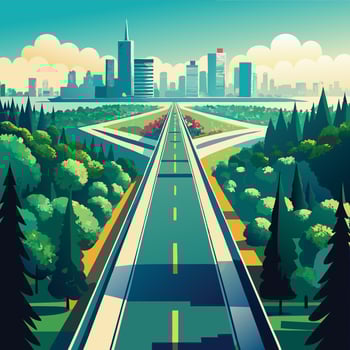 an illustration of a highway with trees and buildings in the background vector