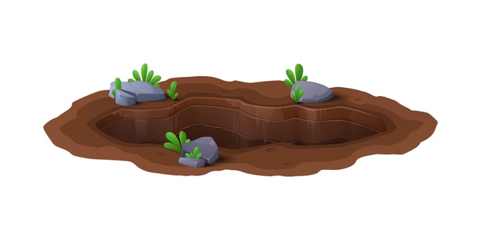 Hole in ground or cartoon pit, deep dirty burrow vector