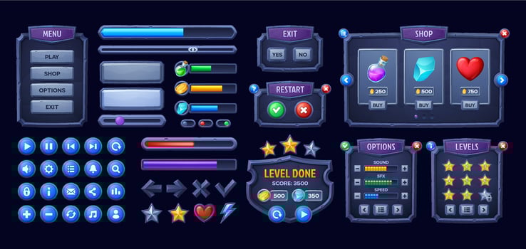 Stone game interface, Medieval UI game buttons vector