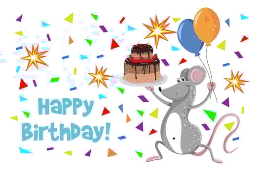 Cheerful cute mouse with balloons and cake, birthday card. vector