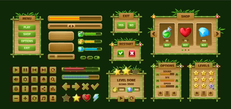 Bamboo game interface wooden sign boards, buttons vector