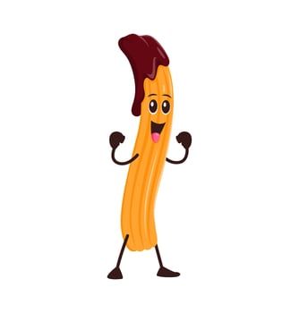 Cartoon funny churro pastry, fast food character vector