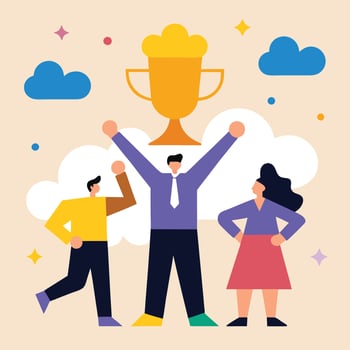 business success, teamwork celebration golden trophy cheerful colleagues vector