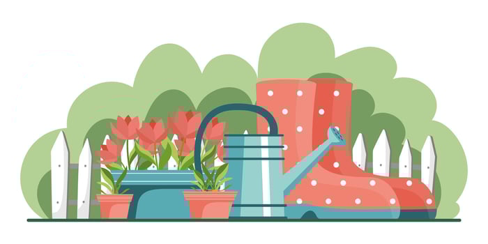 Gardening Tools, Flowers and Rubber Boots Scene. vector