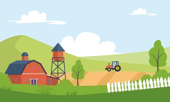 Rural Farm Landscape with Barn and Tractor. vector
