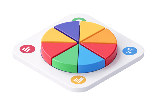 A colorful pie chart on a square white base, segmented into vibrant red, green, blue, yellow, and purple pieces with symbols at the corners png