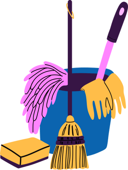 A bucket filled with cleaning supplies, including a broom and sponge, ready for tidying up and chores png