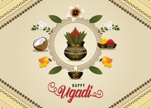 Happy Ugadi. Celebrate the Indian New Year with a festive Kalash and Ugadi Pachadi, symbolizing lifes six flavors. joyous festival in Karnataka and Andhra Pradesh vector