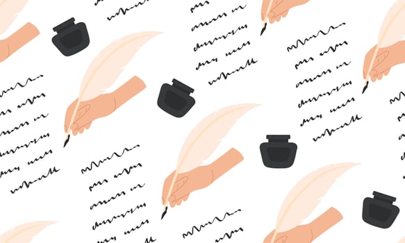 World Poetry Day seamless pattern. Celebrated on March 21st. Feather, manuscript and ink. Flat illustration background vector