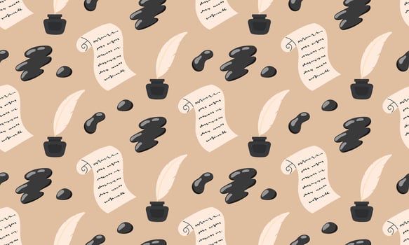 World Poetry Day seamless pattern. Celebrated on March 21st. Feather, manuscript and ink. Flat illustration background vector