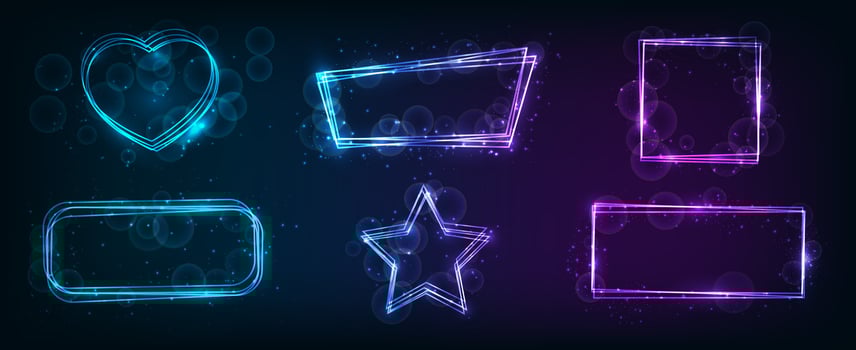 Six neon frames in different geometric forms with shining effects and sparkles on dark background. Empty glowing techno backdrop. illustration vector