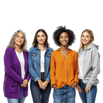 Five women standing together in front of a black background png