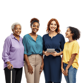 Four women and a man standing together with a tablet png