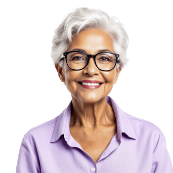 An older woman with glasses and a purple shirt png