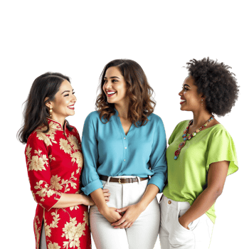 Three women in colorful shirts and pants standing together png