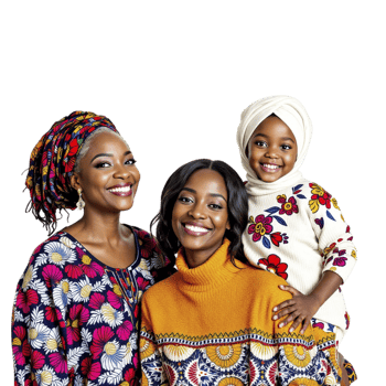 Three women in colorful clothing pose for a photo png