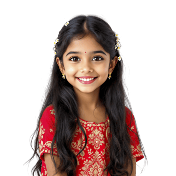 A little girl in a red dress smiling png