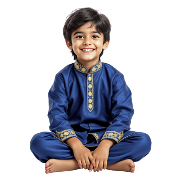 A young boy in a blue indian outfit sitting on the floor png