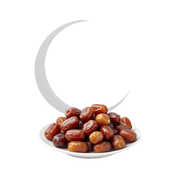 Dates on a plate with a crescent moon isolated on black background png