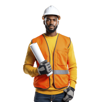 A black man in an orange vest and hard hat holding a blueprint png