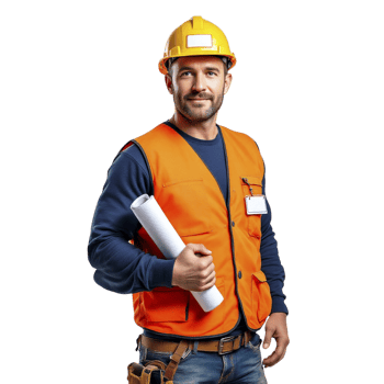 A man in an orange vest and hard hat holding a blueprint png